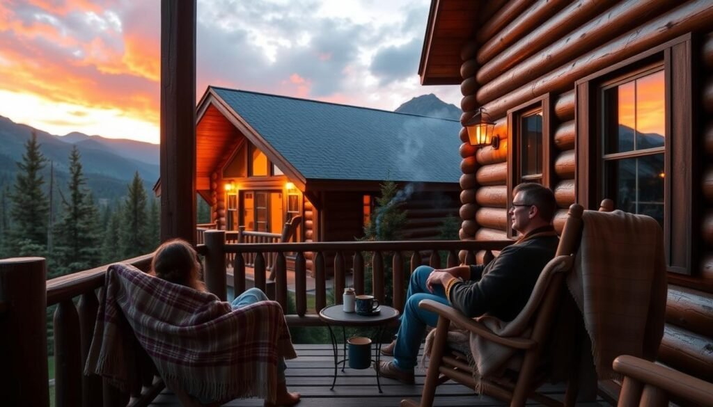 Couples enjoying mountain cabin