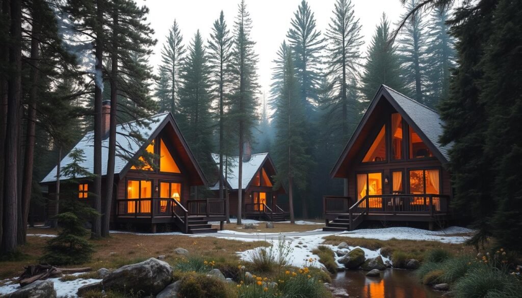 cozy forest A-Frame cabins