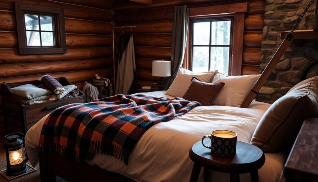 cozy log cabin sleeping gear