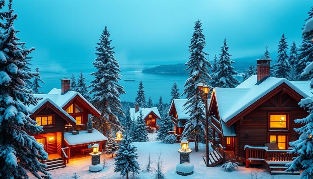 snowy christmas cabins